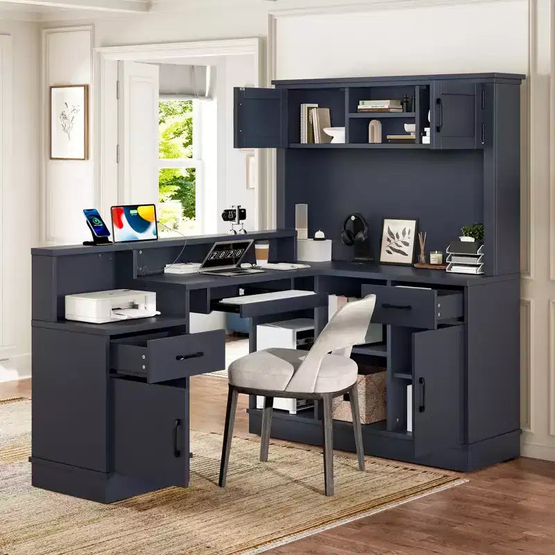 L-Vormige Gaming Bureau met Stopcontact, Laden, Boekenkast, L-Vormige Studietafel voor Hoek