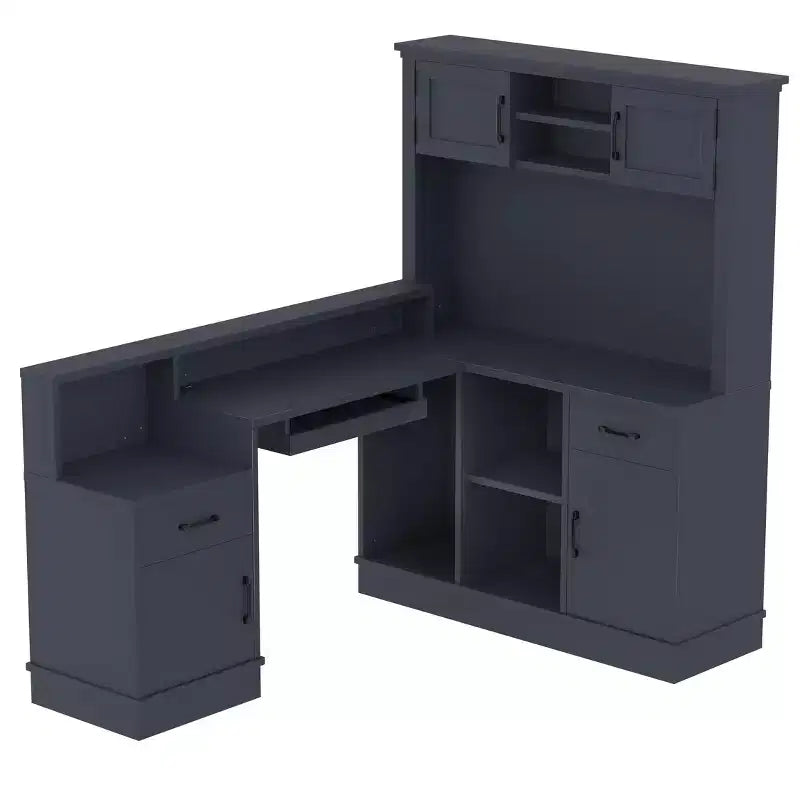 Scrivania da Gioco a Forma di L con Presa di Corrente, Cassetti, Libreria, Scrivania da Studio a Forma di L per Angolo