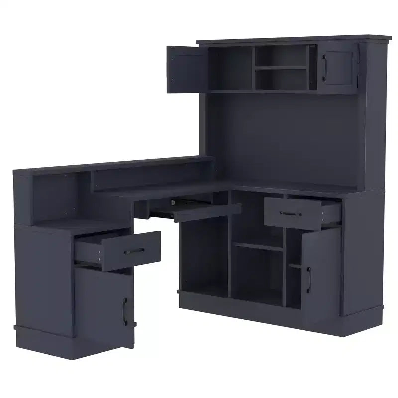 Scrivania da Gioco a Forma di L con Presa di Corrente, Cassetti, Libreria, Scrivania da Studio a Forma di L per Angolo