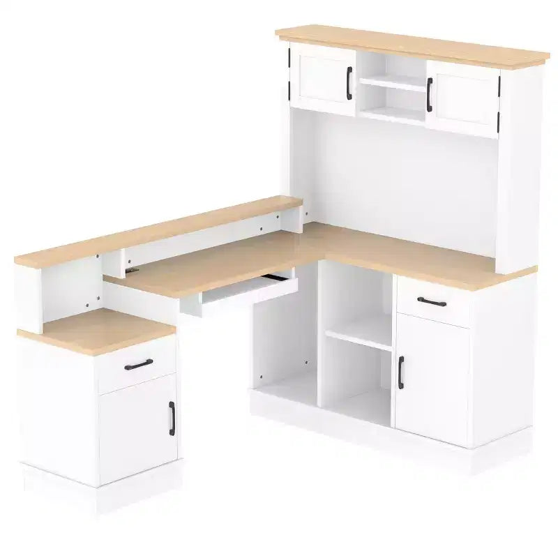 L-Vormige Gaming Bureau met Stopcontact, Laden, Boekenkast, L-Vormige Studietafel voor Hoek
