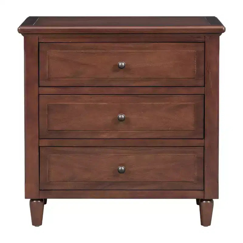 Comodino moderno a 3 cassetti, elegante mobile da notte con maniglie in metallo e gambe in legno di gomma