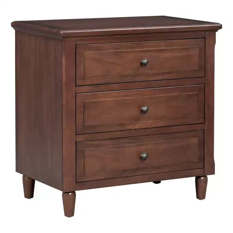 Comodino moderno a 3 cassetti, elegante mobile da notte con maniglie in metallo e gambe in legno di gomma