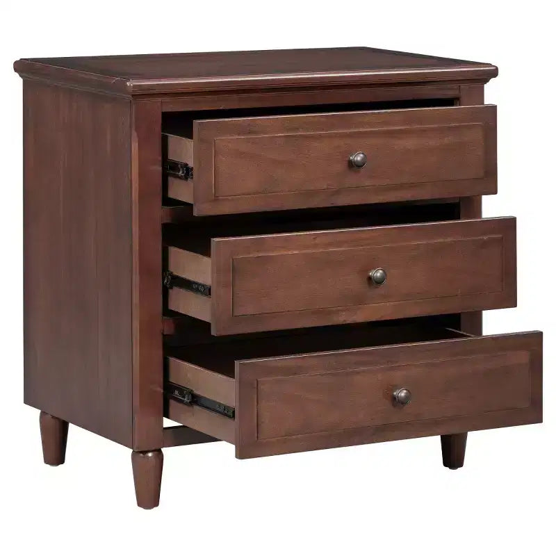 Comodino moderno a 3 cassetti, elegante mobile da notte con maniglie in metallo e gambe in legno di gomma