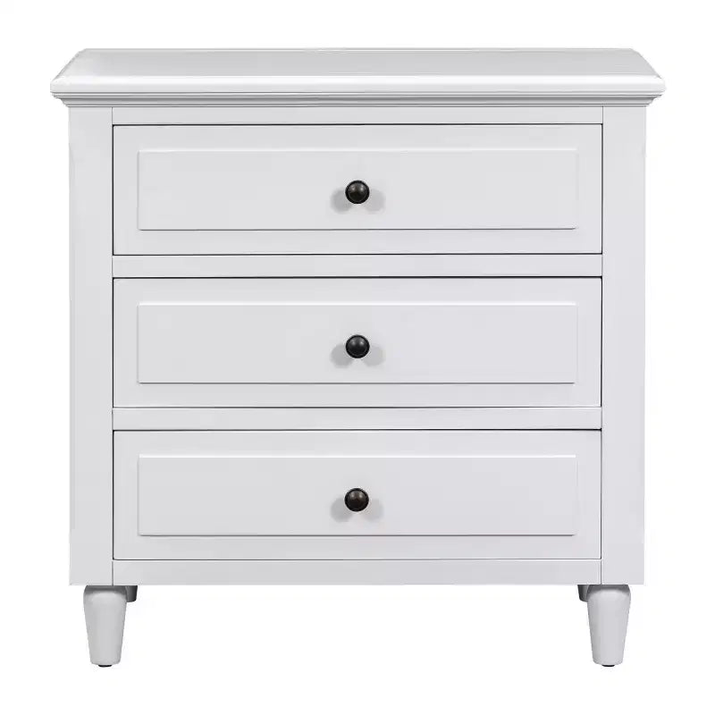 Comodino moderno a 3 cassetti, elegante mobile da notte con maniglie in metallo e gambe in legno di gomma