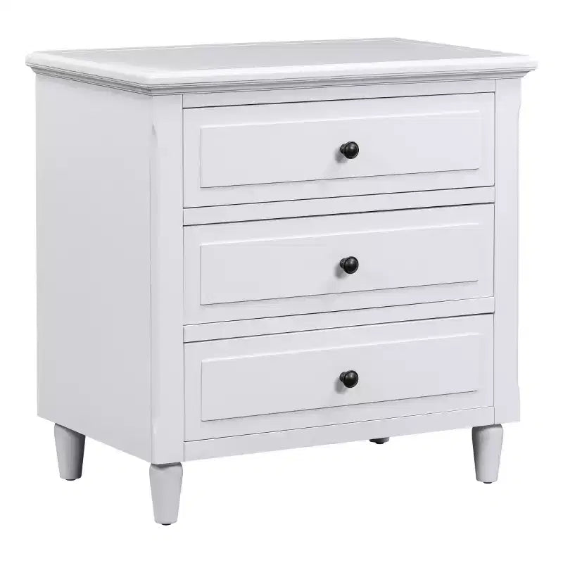 Comodino moderno a 3 cassetti, elegante mobile da notte con maniglie in metallo e gambe in legno di gomma