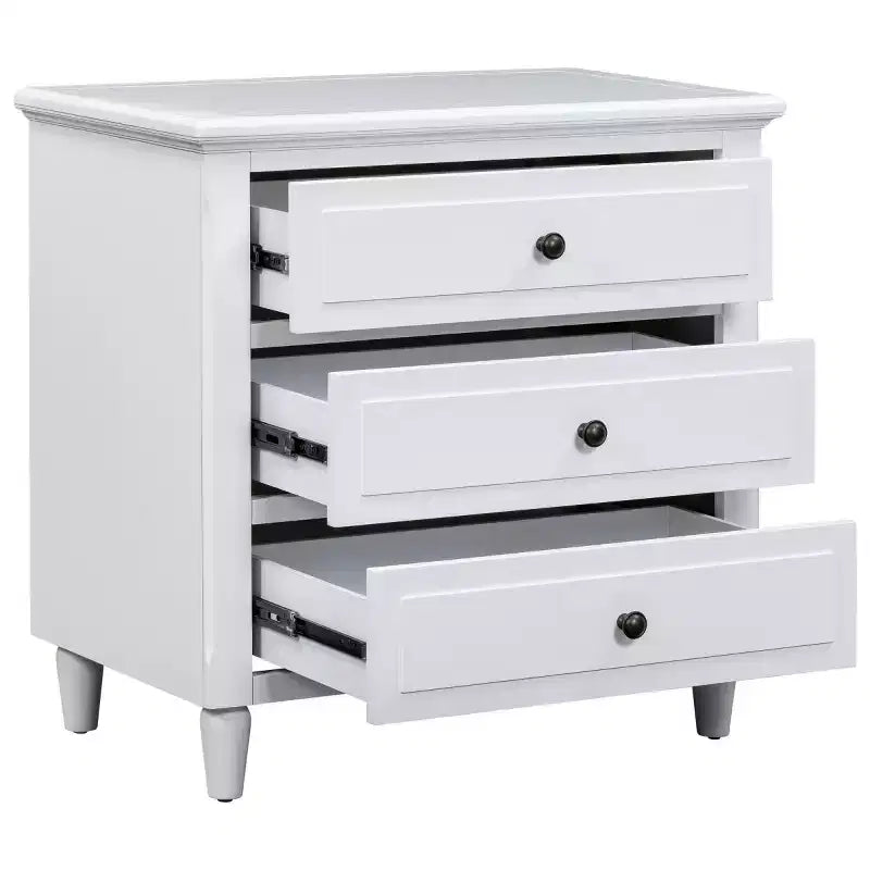 Comodino moderno a 3 cassetti, elegante mobile da notte con maniglie in metallo e gambe in legno di gomma