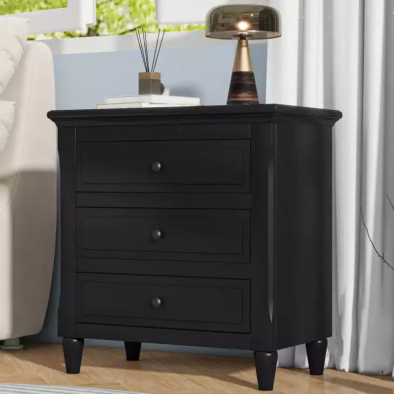 Comodino moderno a 3 cassetti, elegante mobile da notte con maniglie in metallo e gambe in legno di gomma