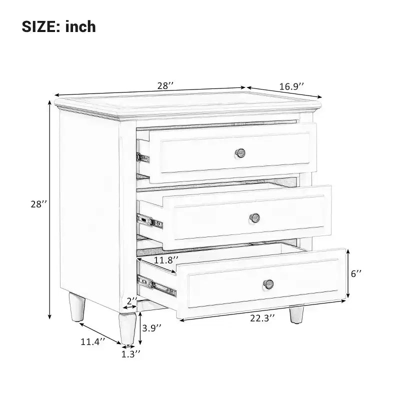 Comodino moderno a 3 cassetti, elegante mobile da notte con maniglie in metallo e gambe in legno di gomma