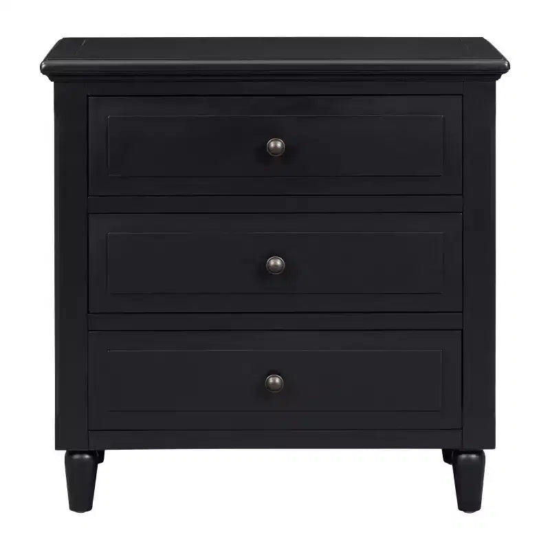 Comodino moderno a 3 cassetti, elegante mobile da notte con maniglie in metallo e gambe in legno di gomma