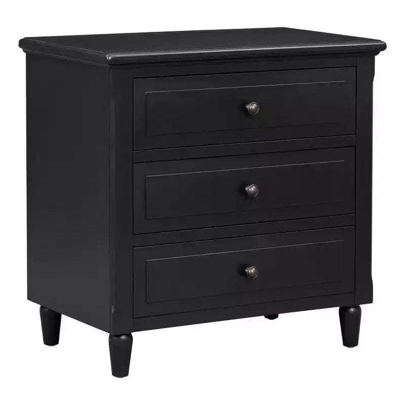 Comodino moderno a 3 cassetti, elegante mobile da notte con maniglie in metallo e gambe in legno di gomma
