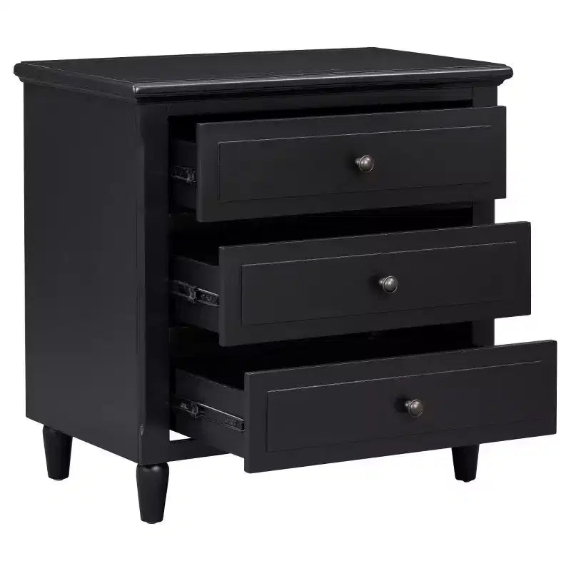 Comodino moderno a 3 cassetti, elegante mobile da notte con maniglie in metallo e gambe in legno di gomma