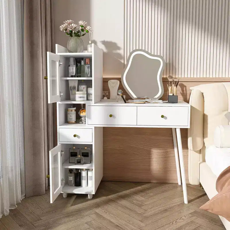 Moderne Kaptafel met Onregelmatige Spiegel, Make-up Kaptafel met 3 Laden, 2 Open Planken & 4 Verborgen Kasten, Wit