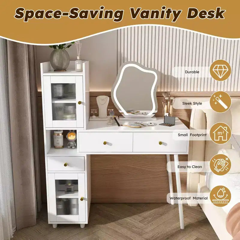 Moderne Kaptafel met Onregelmatige Spiegel, Make-up Kaptafel met 3 Laden, 2 Open Planken & 4 Verborgen Kasten, Wit