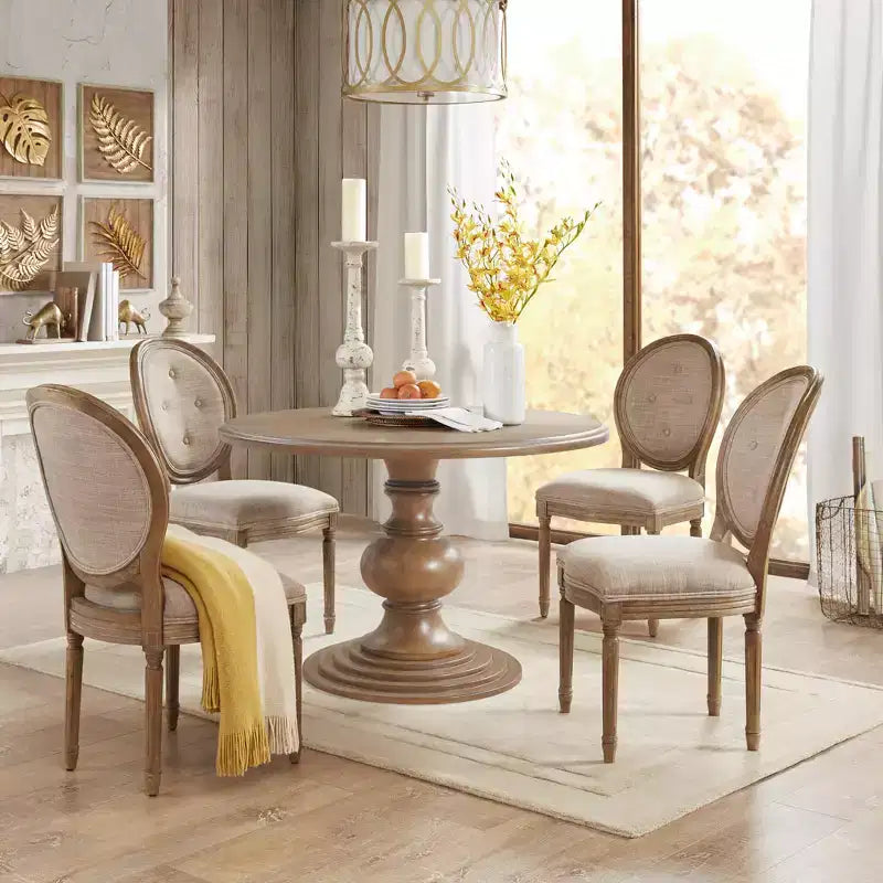 Farmhouse Wood 46" Round Dining Table with Diamond Veneer Top, Seats 4