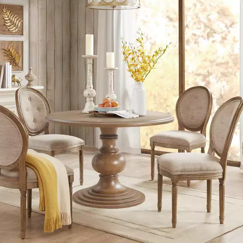 Farmhouse Wood 46" Round Dining Table with Diamond Veneer Top, Seats 4