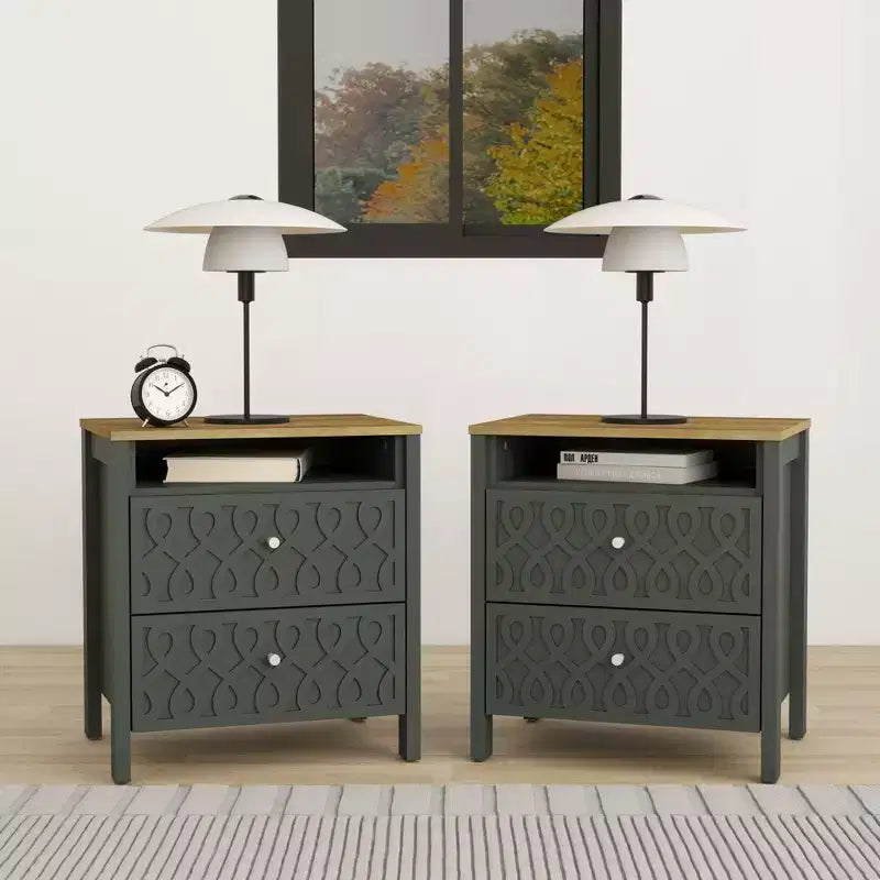 Set di 2 Comodini Moderni con 2 Cassetti e Spazio Aperto, 20,9"L x 15,7"P x 22,7"A