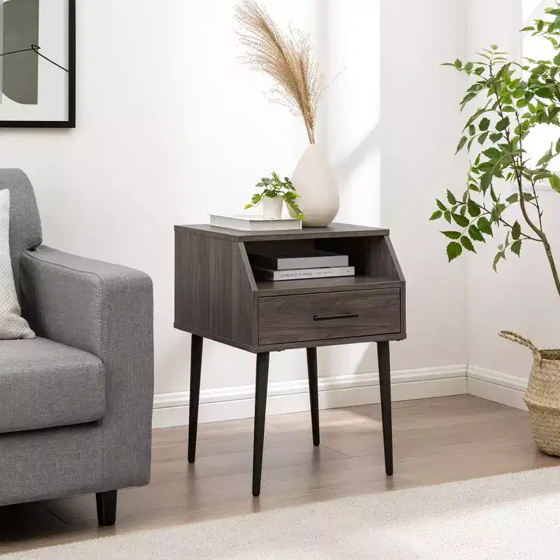 Modern Nightstand with Drawer and Open Storage, Gray
