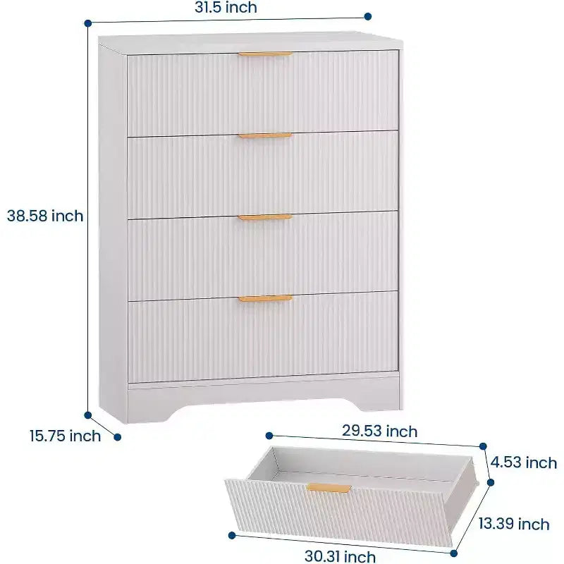 Commode à 4 tiroirs avec panneaux ondulés blancs 55, armoire de rangement haute avec finition ton bois, organisateur multifonction pour nurserie, couloir, salon