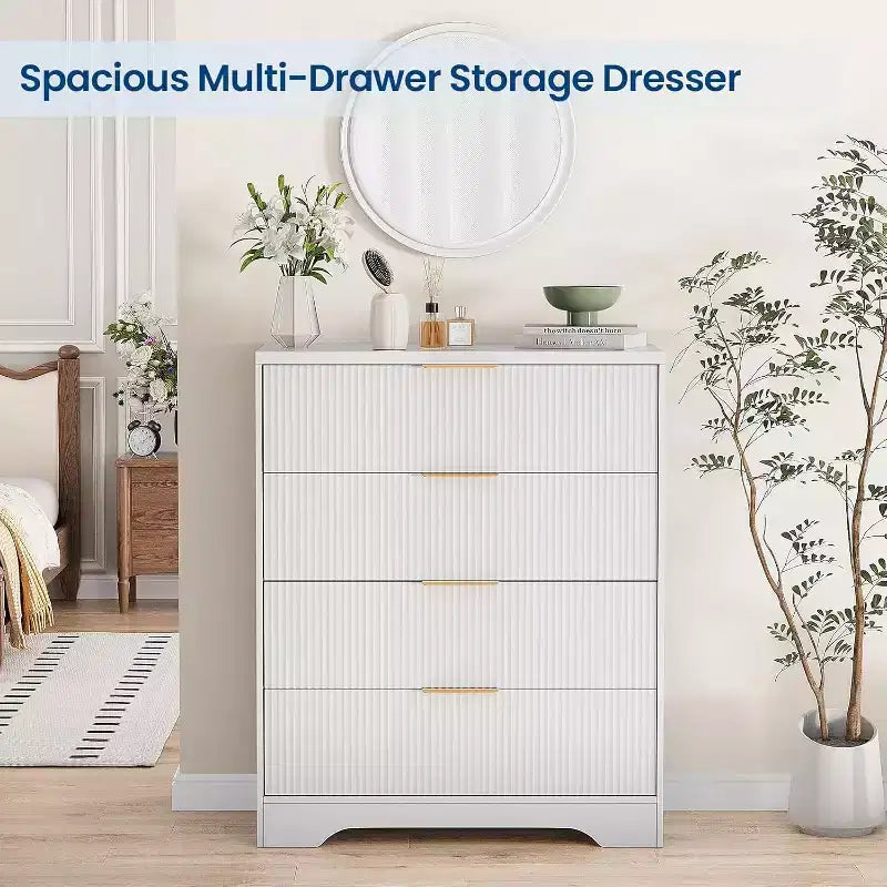 Commode à 4 tiroirs avec panneaux ondulés blancs 55, armoire de rangement haute avec finition ton bois, organisateur multifonction pour nurserie, couloir, salon