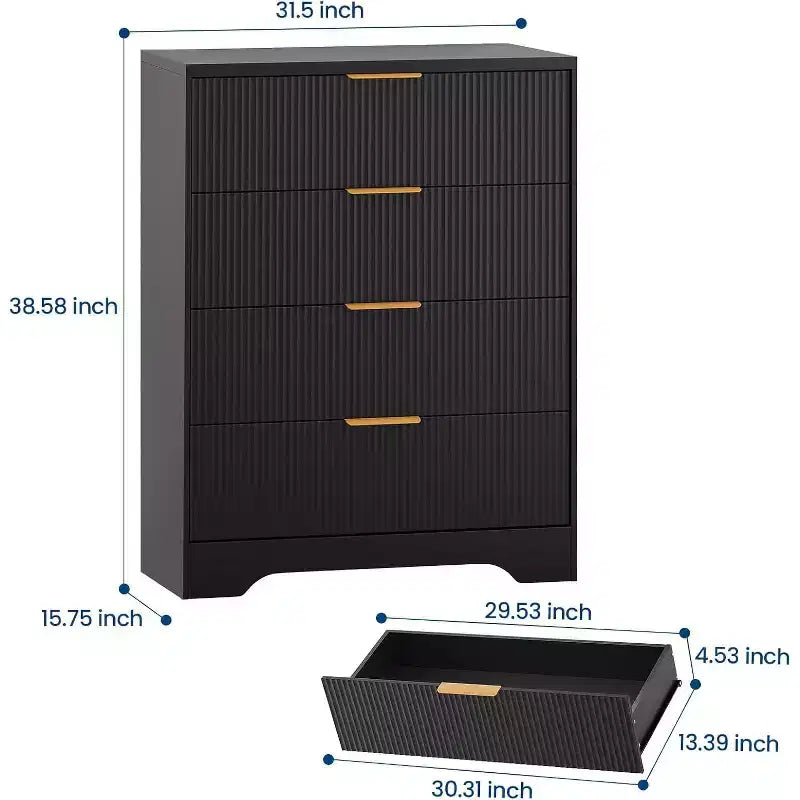 Cassettiera Alta con 4 Cassetti e Pannello a Onde Bianche da 55", Mobile Contenitore con Finitura Effetto Legno, Organizzatore Multifunzionale per Cameretta, Corridoio, Soggiorno