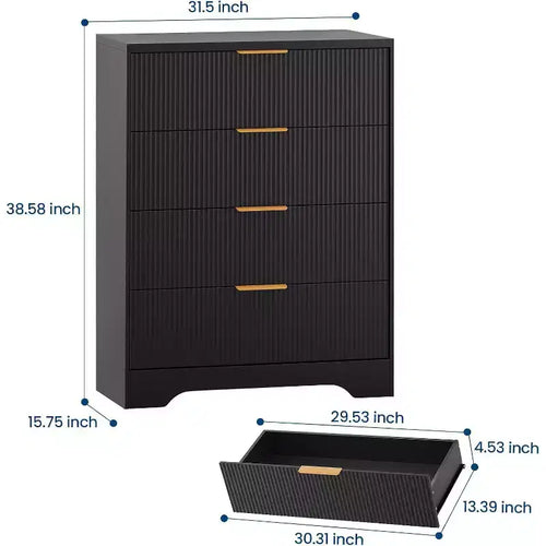 Cassettiera Alta con 4 Cassetti e Pannello a Onde Bianche da 55", Mobile Contenitore con Finitura Effetto Legno, Organizzatore Multifunzionale per Cameretta, Corridoio, Soggiorno
