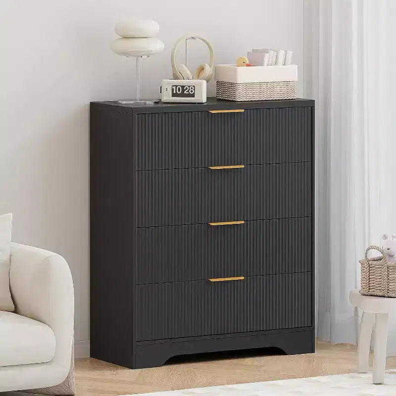 Cassettiera Alta con 4 Cassetti e Pannello a Onde Bianche da 55", Mobile Contenitore con Finitura Effetto Legno, Organizzatore Multifunzionale per Cameretta, Corridoio, Soggiorno