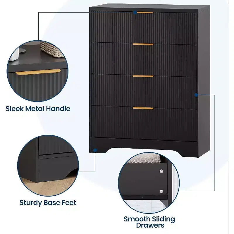 Commode à 4 tiroirs avec panneaux ondulés blancs 55, armoire de rangement haute avec finition ton bois, organisateur multifonction pour nurserie, couloir, salon
