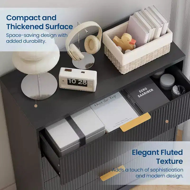 Cassettiera Alta con 4 Cassetti e Pannello a Onde Bianche da 55", Mobile Contenitore con Finitura Effetto Legno, Organizzatore Multifunzionale per Cameretta, Corridoio, Soggiorno