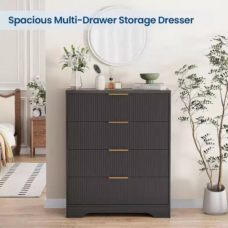 Commode à 4 tiroirs avec panneaux ondulés blancs 55, armoire de rangement haute avec finition ton bois, organisateur multifonction pour nurserie, couloir, salon