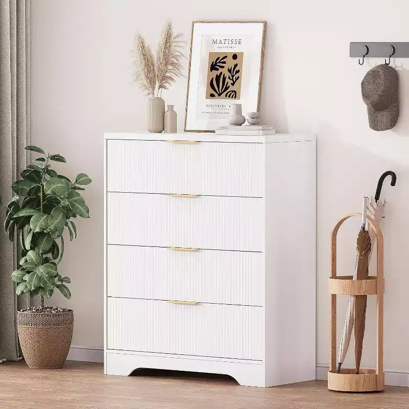 Cassettiera Alta con 4 Cassetti e Pannello a Onde Bianche da 55", Mobile Contenitore con Finitura Effetto Legno, Organizzatore Multifunzionale per Cameretta, Corridoio, Soggiorno