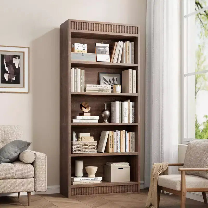 71 landelijke boekenkast met dubbele geribbelde afwerking, 5-laagse hoge boekenplank met houten basis, houten boekenkast