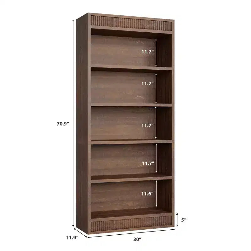 71 landelijke boekenkast met dubbele geribbelde afwerking, 5-laagse hoge boekenplank met houten basis, houten boekenkast