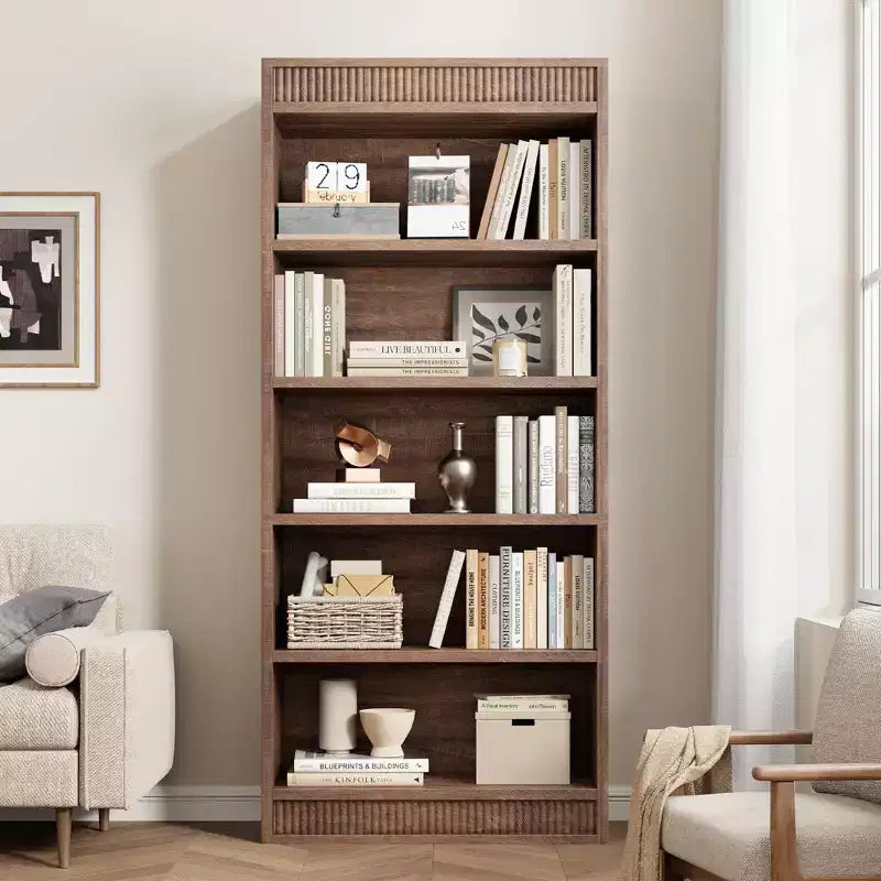 71 landelijke boekenkast met dubbele geribbelde afwerking, 5-laagse hoge boekenplank met houten basis, houten boekenkast