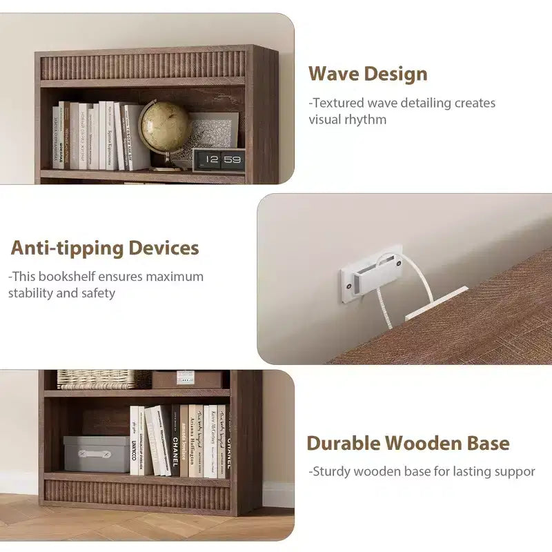 71 landelijke boekenkast met dubbele geribbelde afwerking, 5-laagse hoge boekenplank met houten basis, houten boekenkast