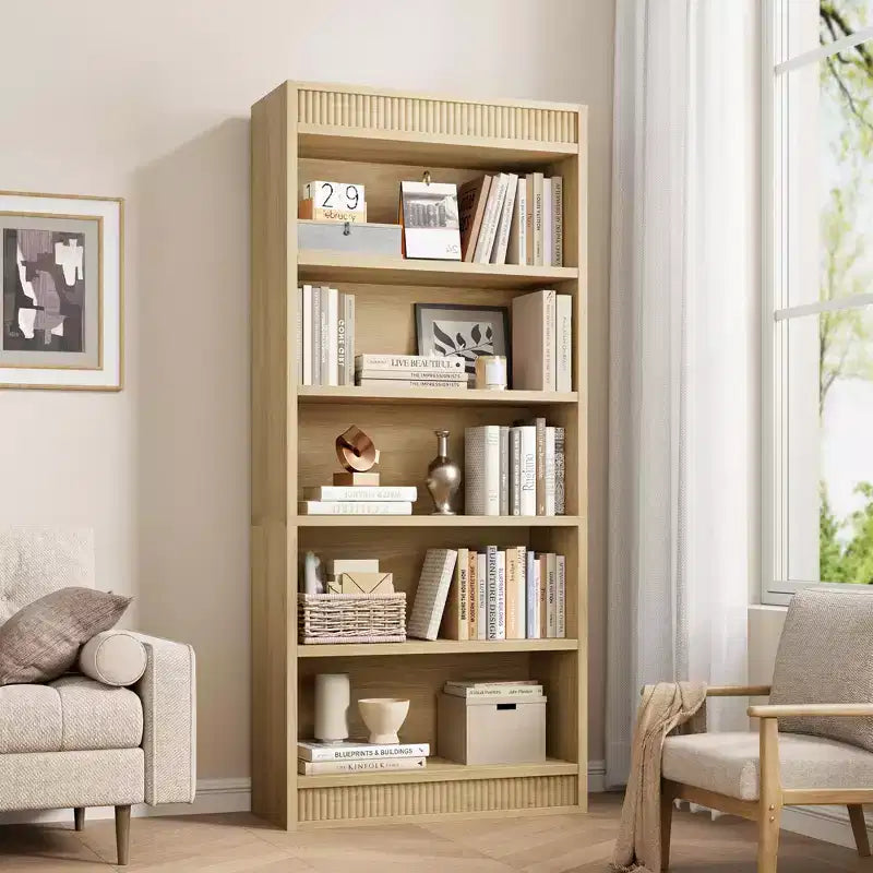 71 landelijke boekenkast met dubbele geribbelde afwerking, 5-laagse hoge boekenplank met houten basis, houten boekenkast