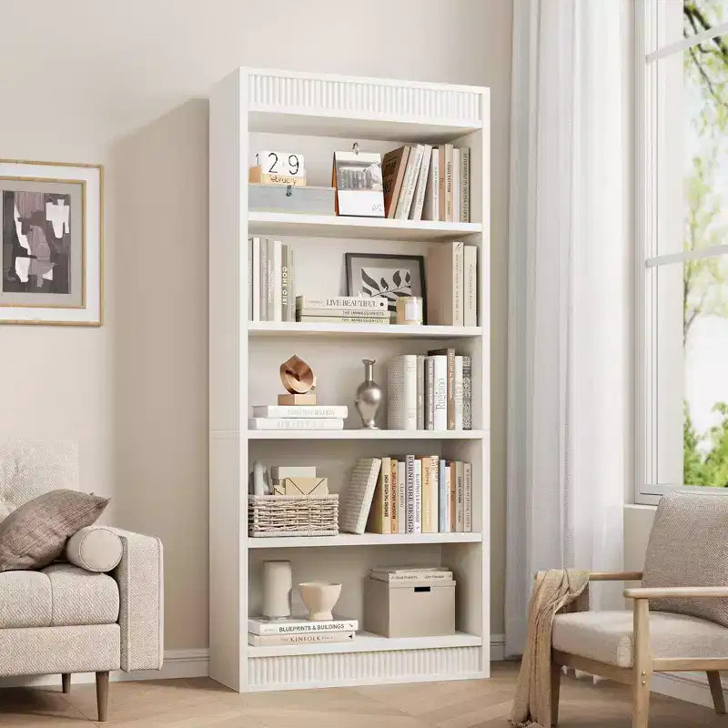 71 landelijke boekenkast met dubbele geribbelde afwerking, 5-laagse hoge boekenplank met houten basis, houten boekenkast