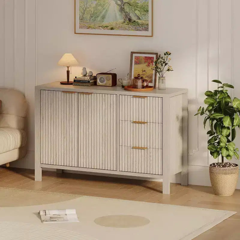Buffet à cannelures 47, armoire buffet avec 2 portes, 3 tiroirs, étagère réglable, pour salle à manger, salon, entrée