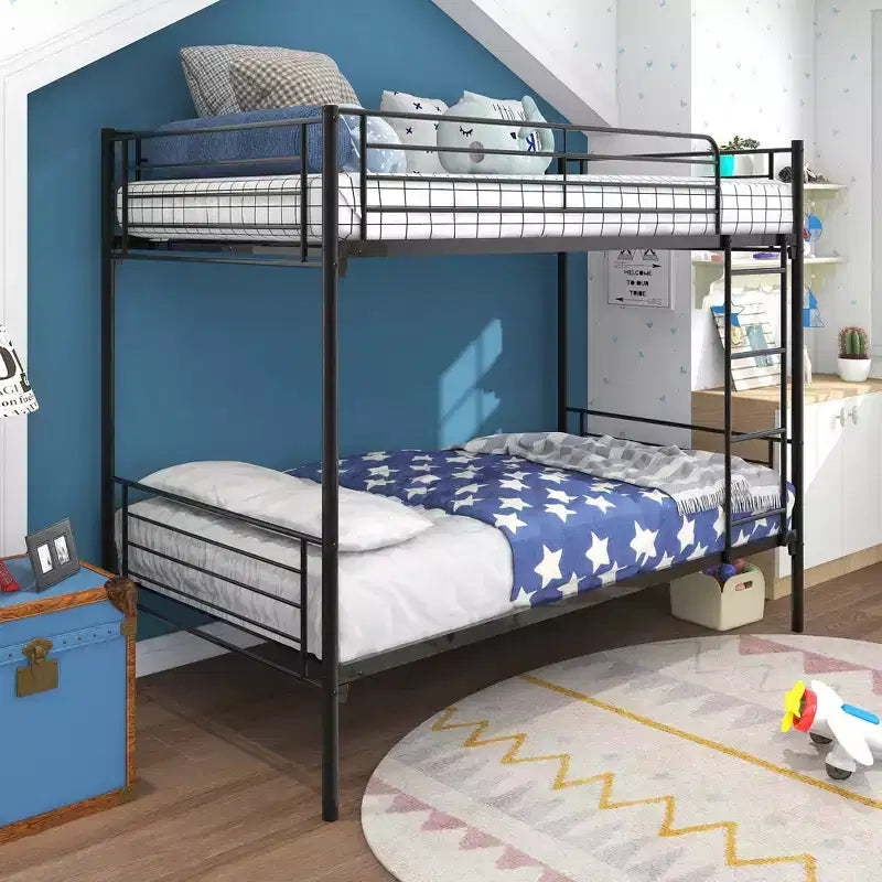 Modern Metal Twin Bunk Bed Frame with Ladder, Full-Length Guardrails and Under Bed Storage