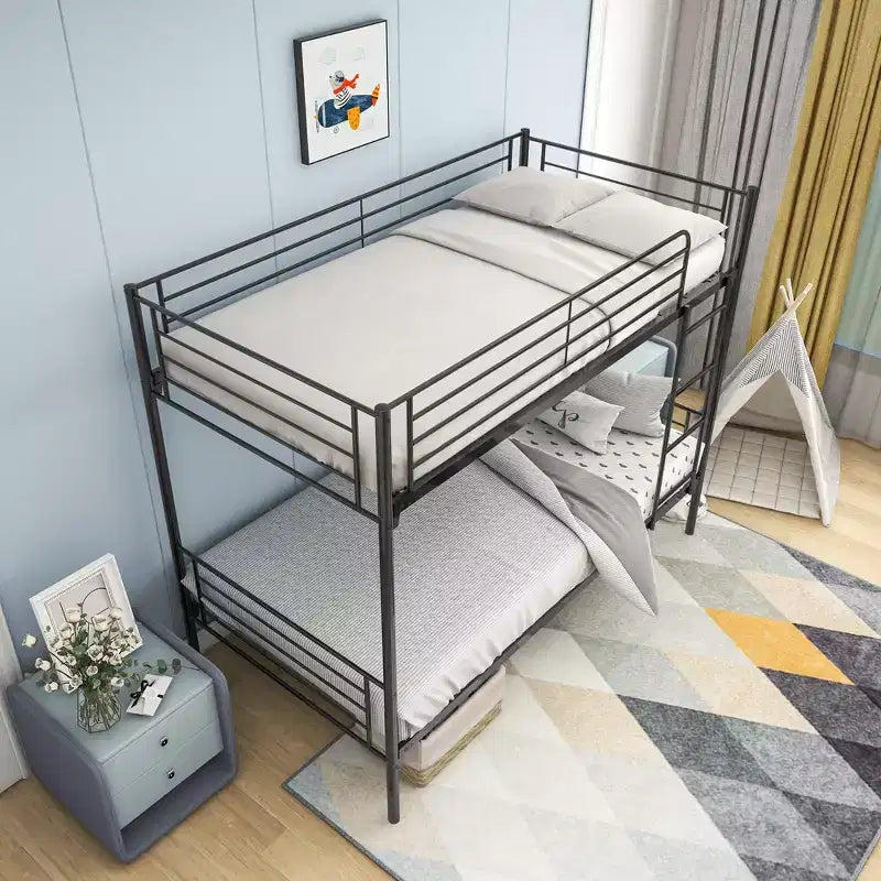 Cadre de lit superposé jumeau moderne en métal avec échelle, barrières de sécurité pleine longueur et rangement sous le lit