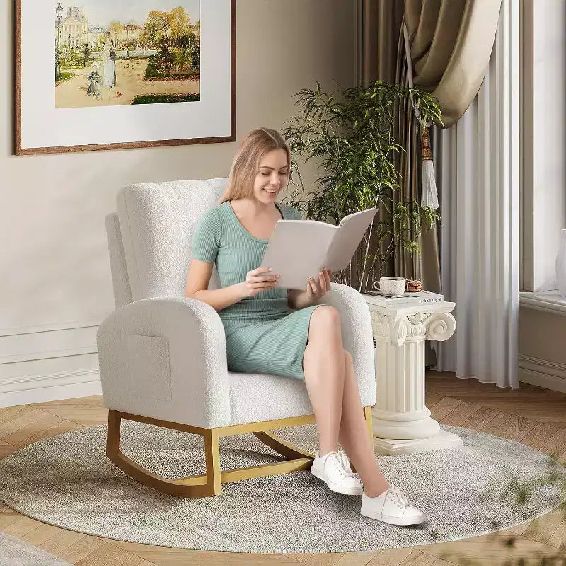 Modern Rocking Chair, Soft Faux Lambskin Upholstered Glider Rocking Chair with High Backrest, Side Pockets