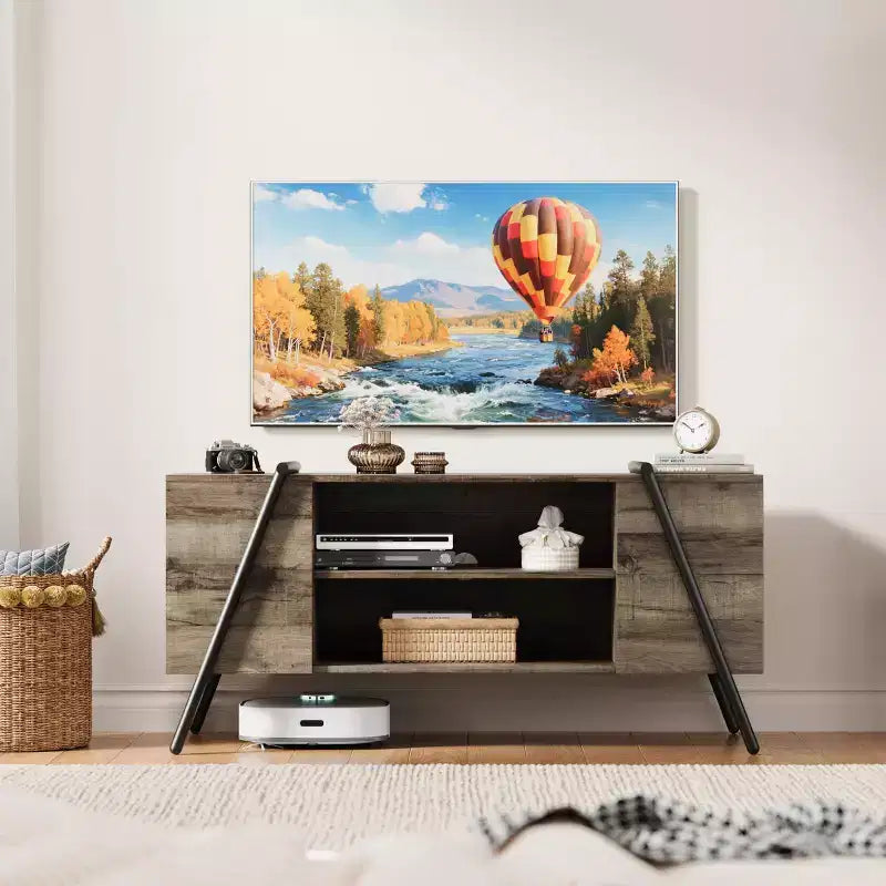 Meuble TV, centre de divertissement moderne avec étagère réglable, trous pour câbles, console multimédia, pieds en métal en forme de U, pour salon, chambre, bureau