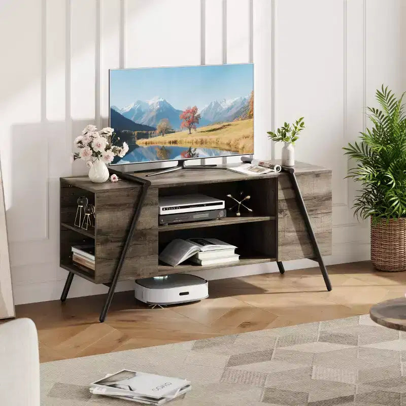 Meuble TV, centre de divertissement moderne avec étagère réglable, trous pour câbles, console multimédia, pieds en métal en forme de U, pour salon, chambre, bureau