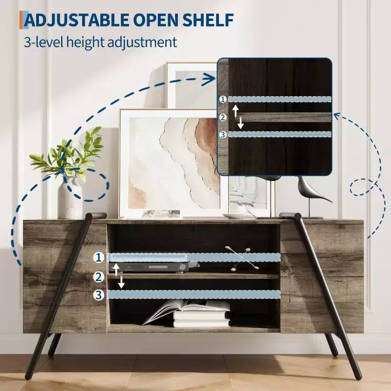 Meuble TV, centre de divertissement moderne avec étagère réglable, trous pour câbles, console multimédia, pieds en métal en forme de U, pour salon, chambre, bureau