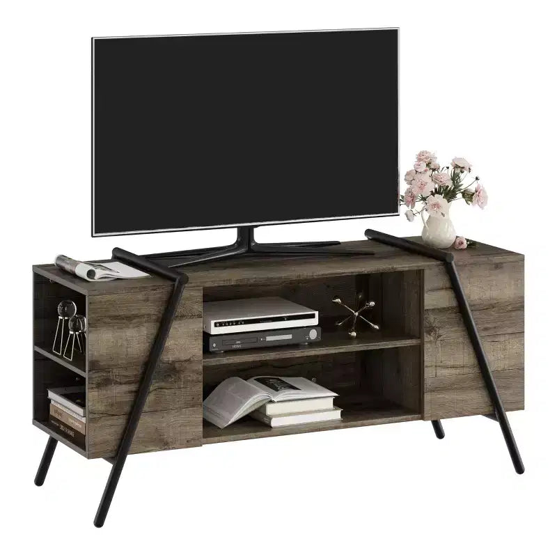 Meuble TV, centre de divertissement moderne avec étagère réglable, trous pour câbles, console multimédia, pieds en métal en forme de U, pour salon, chambre, bureau