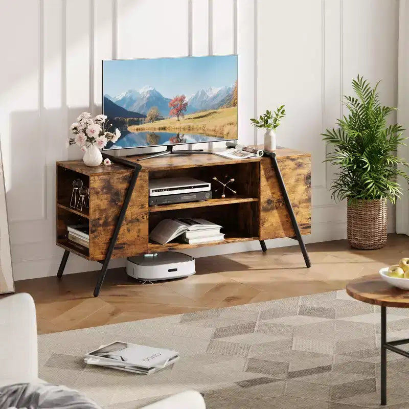 Meuble TV, centre de divertissement moderne avec étagère réglable, trous pour câbles, console multimédia, pieds en métal en forme de U, pour salon, chambre, bureau