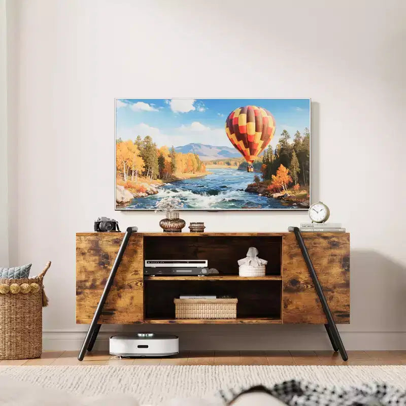 Mobile TV, centro intrattenimento moderno con ripiano regolabile, fori per cavi, mobile multimediale, gambe a U in metallo, per soggiorno, camera da letto, ufficio