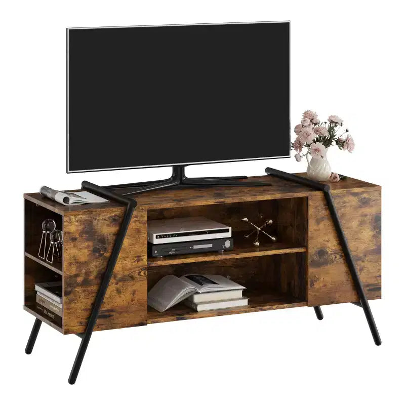 Meuble TV, centre de divertissement moderne avec étagère réglable, trous pour câbles, console multimédia, pieds en métal en forme de U, pour salon, chambre, bureau