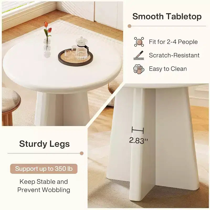 Round Dining Table for 2-4, Small Kitchen Table with Sturdy Base, Modern Dinner Furniture, White