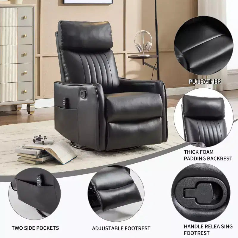 Fauteuil inclinable manuel en simili cuir noir avec massage chauffant, à bascule et pivotant pour salon