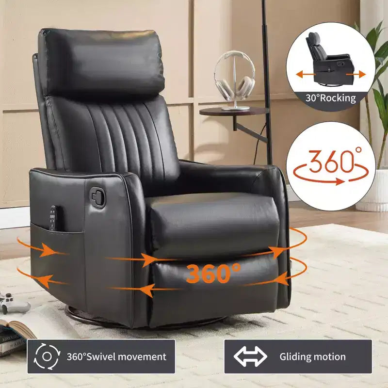 Fauteuil inclinable manuel en simili cuir noir avec massage chauffant, à bascule et pivotant pour salon